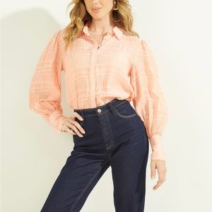 Guess Rav Crinkle Women’s Long Puff Sleeve Peach Shirt Size Small NWT